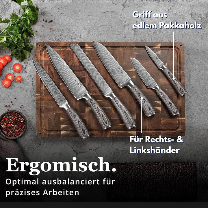 Wakoli Edis 6er Damastmesser-Set mit Klingenlängen von 8,50 cm bis 20,00 cm extrem scharf aus 67 Lag