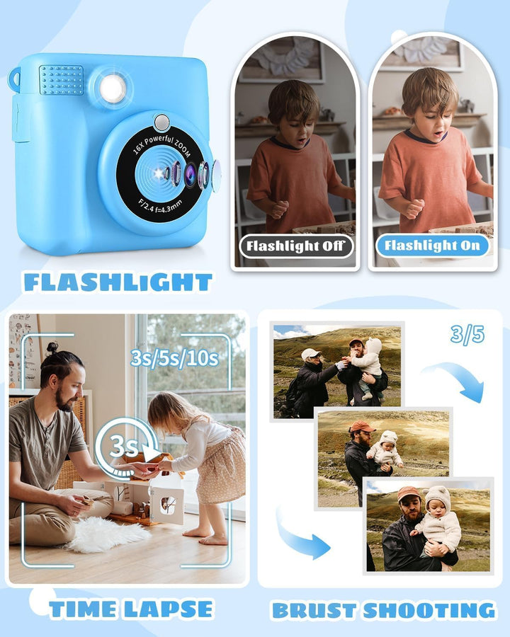 Kinderkamera Spielzeug, 2.4 Zoll Bildschirm DIY Sofortbildkamera Kinder, 1080P HD-Video Digitalkamer