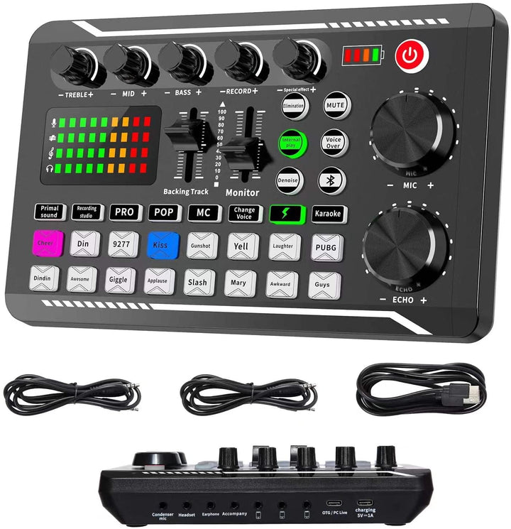 Live-Soundkarte und Audio-Interface mit DJ-Mixer-Effekten und Sprach-Wechsler, F998 Bluetooth Stereo