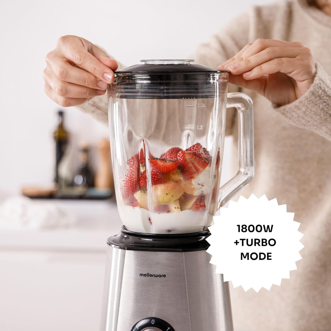 Mellerware Mixy! 1500 W | Glaskanne mit 1,5 l | 2 Geschwindigkeiten + Turbo | professioneller Lebens