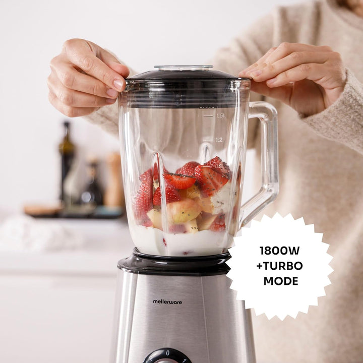 Mellerware Mixy! 1500 W | Glaskanne mit 1,5 l | 2 Geschwindigkeiten + Turbo | professioneller Lebens