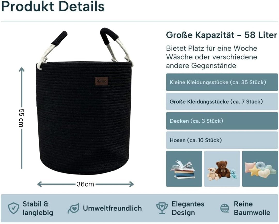 Wäschekorb aus Baumwolle 58 L Wäschesammler Aufbewahrungskorb, Baumwollseil mit Griff, Kordelzug, Wä