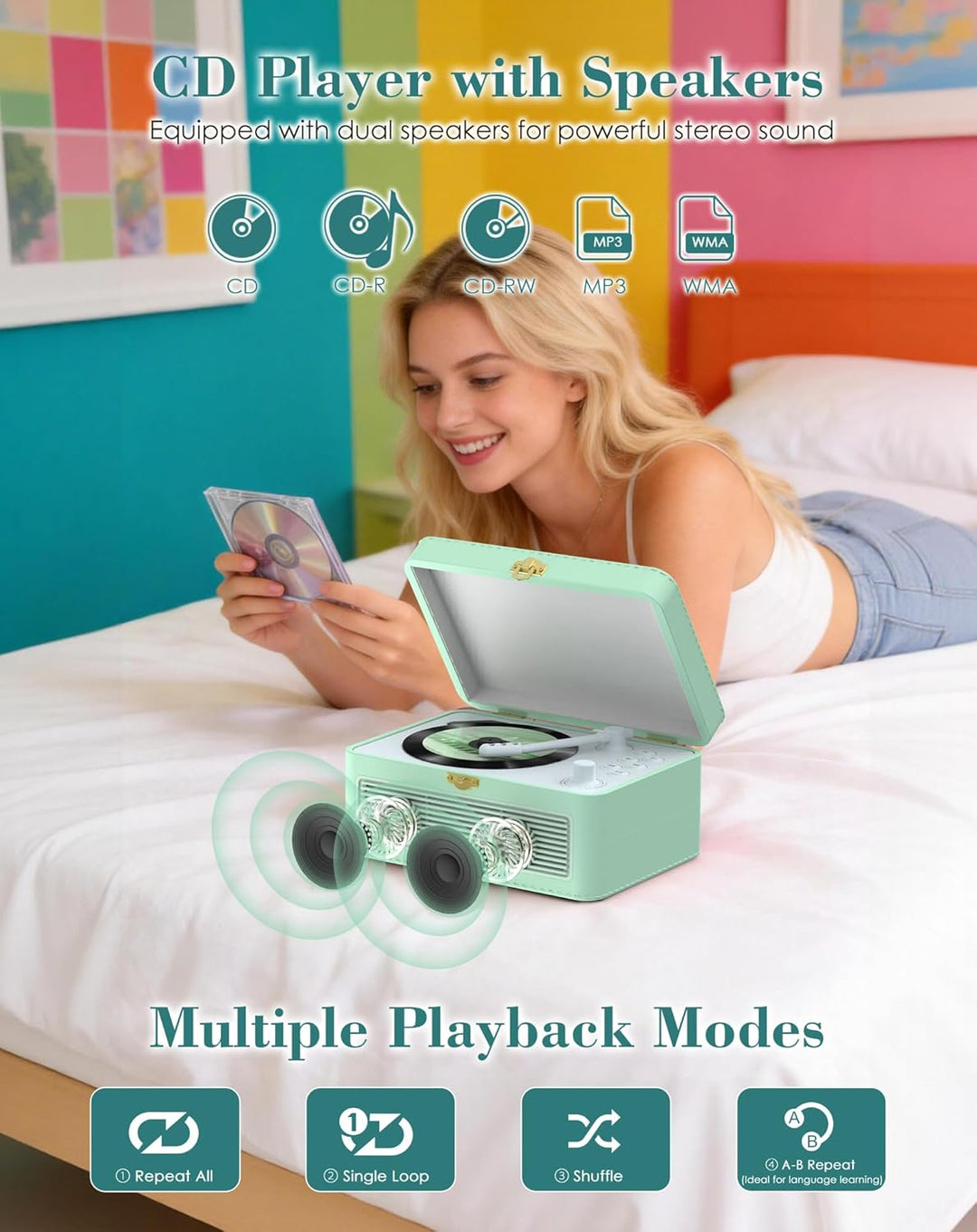 Tragbar CD Player Bluetooth Retro Radio mit CD-Player mit Lautsprecher Unterstützung USB & AUX-Wiede