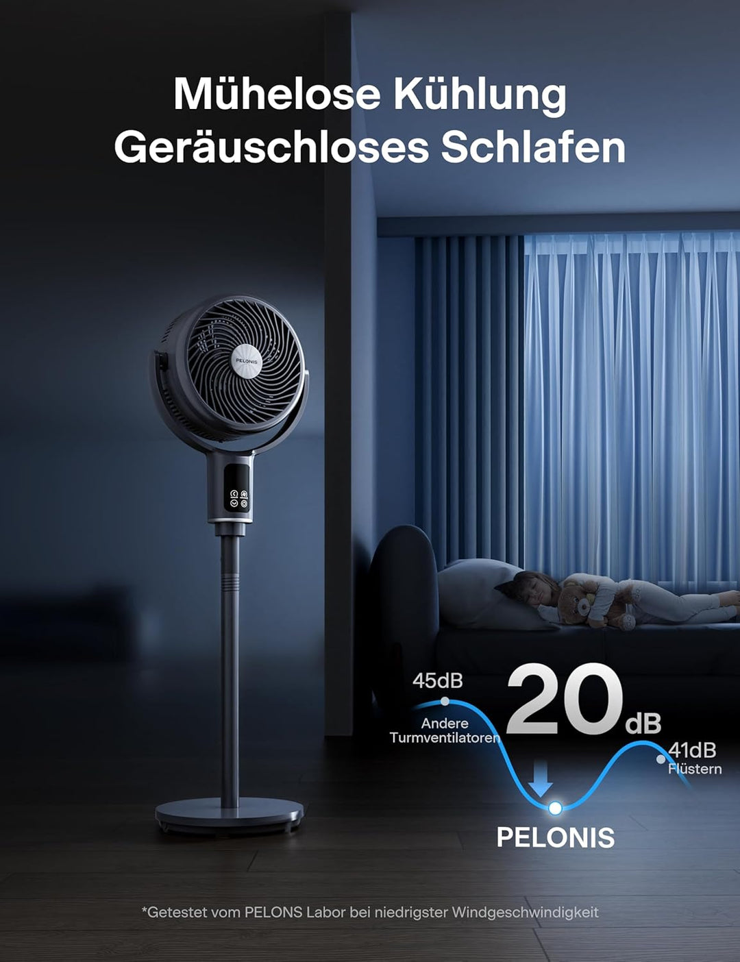 Pelonis Turmventilator mit Fernbedienung, 20dB Leiser Standventilator, 9 Stufen & 9H Timer, Höhenver