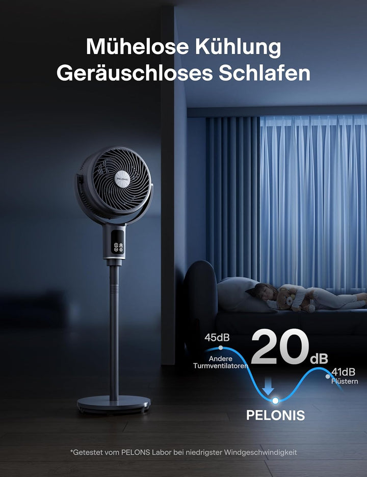 Pelonis Turmventilator mit Fernbedienung, 20dB Leiser Standventilator, 9 Stufen & 9H Timer, Höhenver