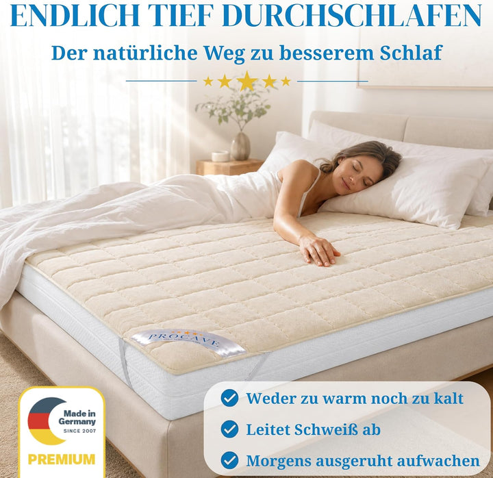 PROCAVE weiches Unterbett aus Schurwolle, atmungsaktiver Matratzen-Schoner, Matratzenbezug mit 4 Eck
