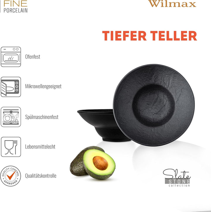 Wilmax | Tiefe Schalen - 2 Stück 22,5 cm / 1100 ml | Schwarze Pastateller | Natursteintextur | Für P