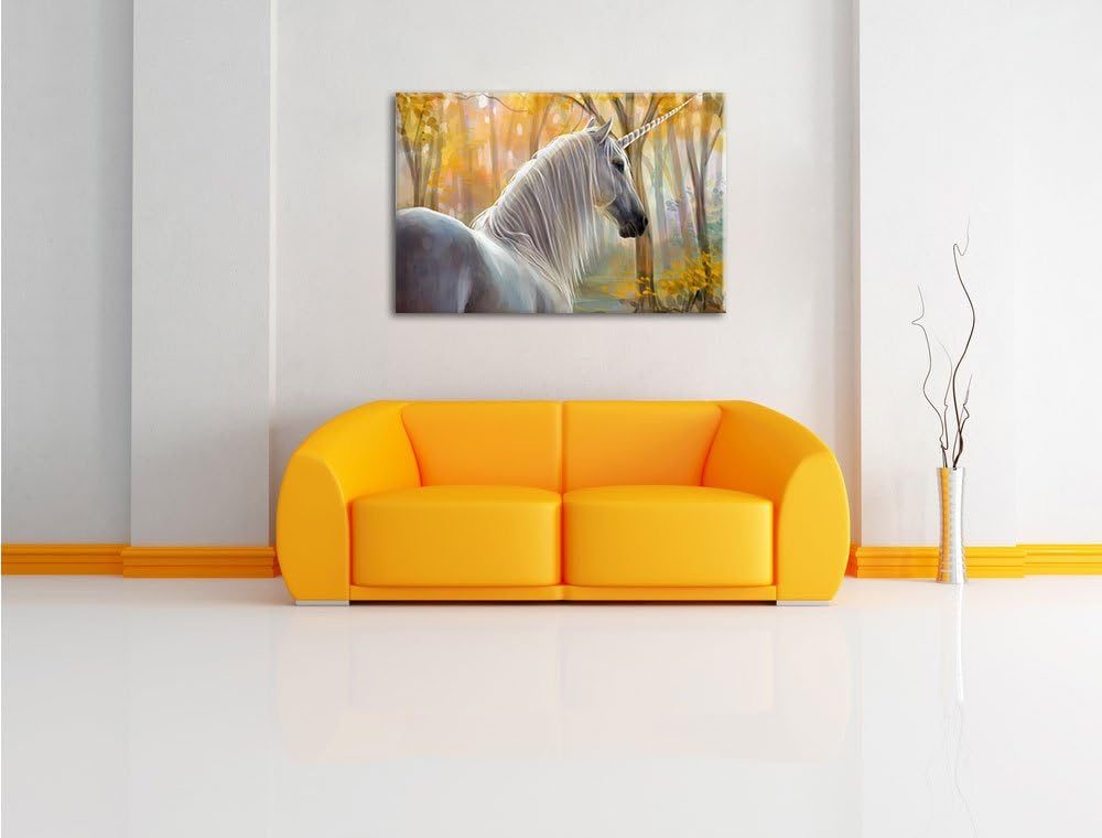 Einsames Einhorn im Wald, Format: 120x80 auf Leinwand, XXL riesige Bilder fertig gerahmt mit Keilrah