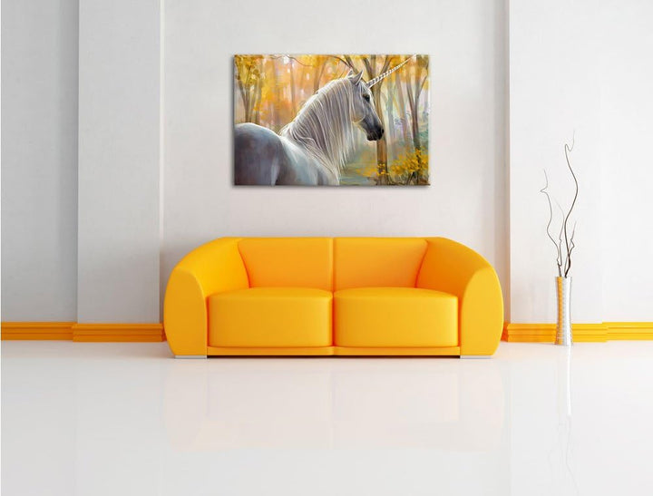 Einsames Einhorn im Wald, Format: 120x80 auf Leinwand, XXL riesige Bilder fertig gerahmt mit Keilrah