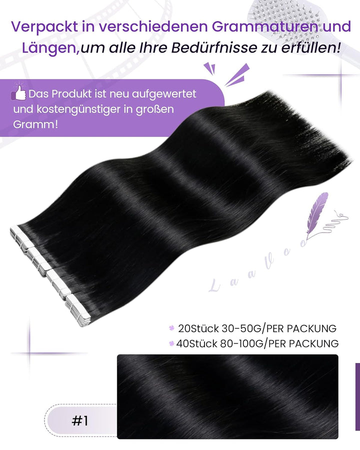 LaaVoo Extensions Echthaar Tape in Schwarz Tape in Haarextension Echthaar 55cm Tape in Schwarz Haarv