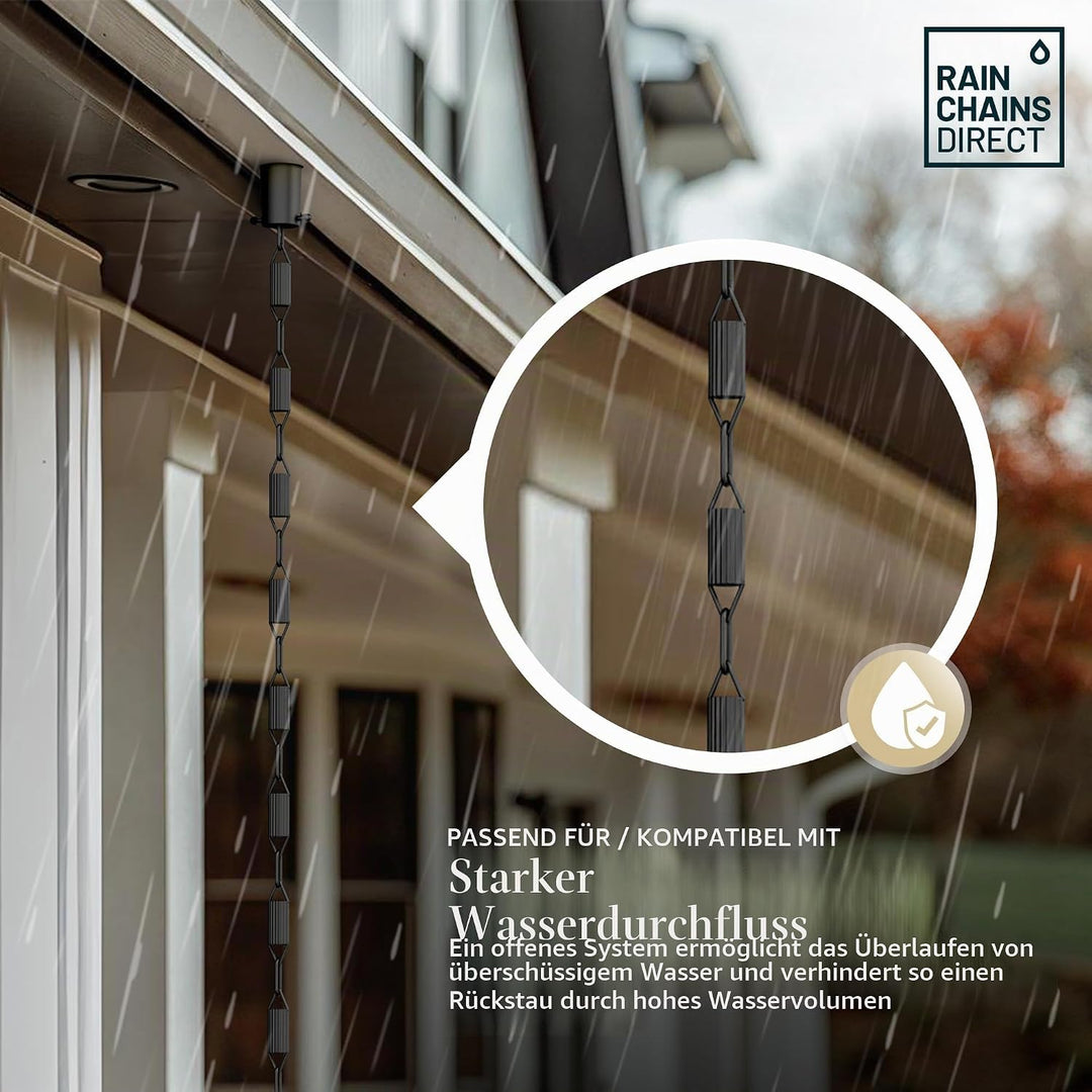 Rain Chains Direct Manicotti Regenkette, 8,5 FuÃŸlänge, Aluminium, schwarz pulverbeschichtet, funkti