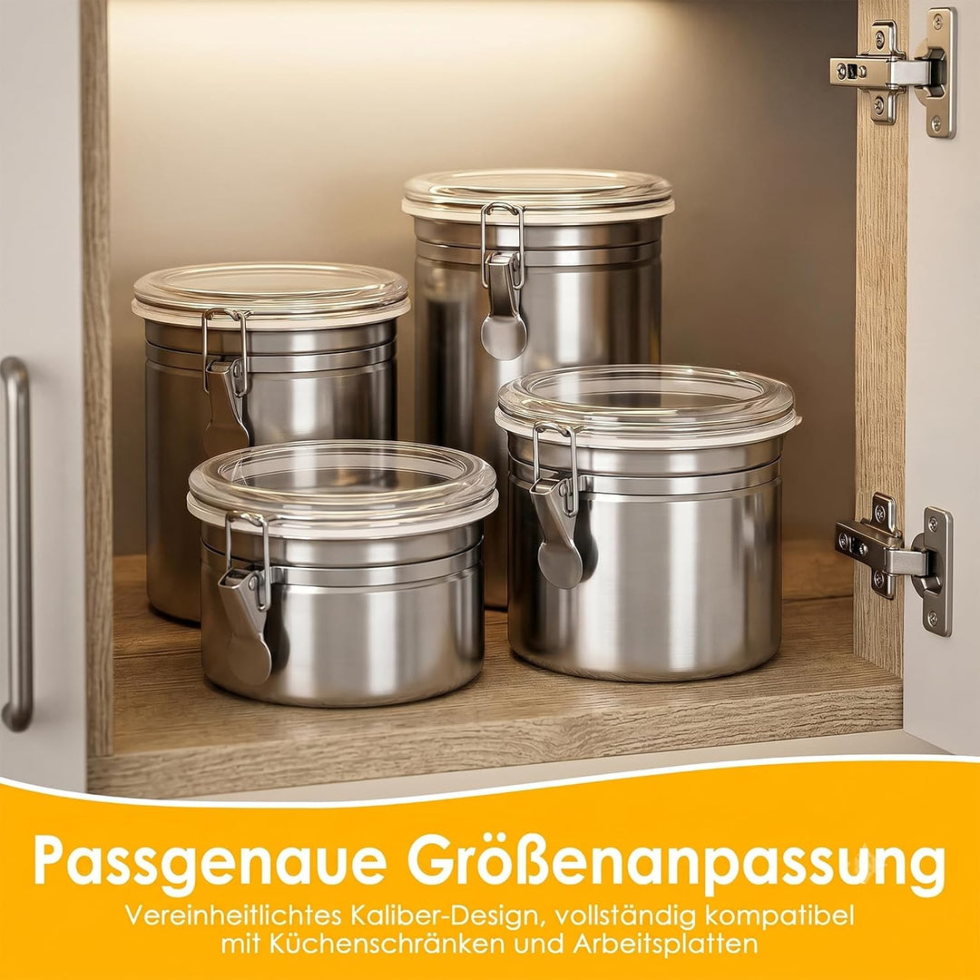 4er Set Edelstahl Kaffeebohnen Behälter mit Deckel für Küche | Kaffeedose luftdicht für 500g/1kg Boh