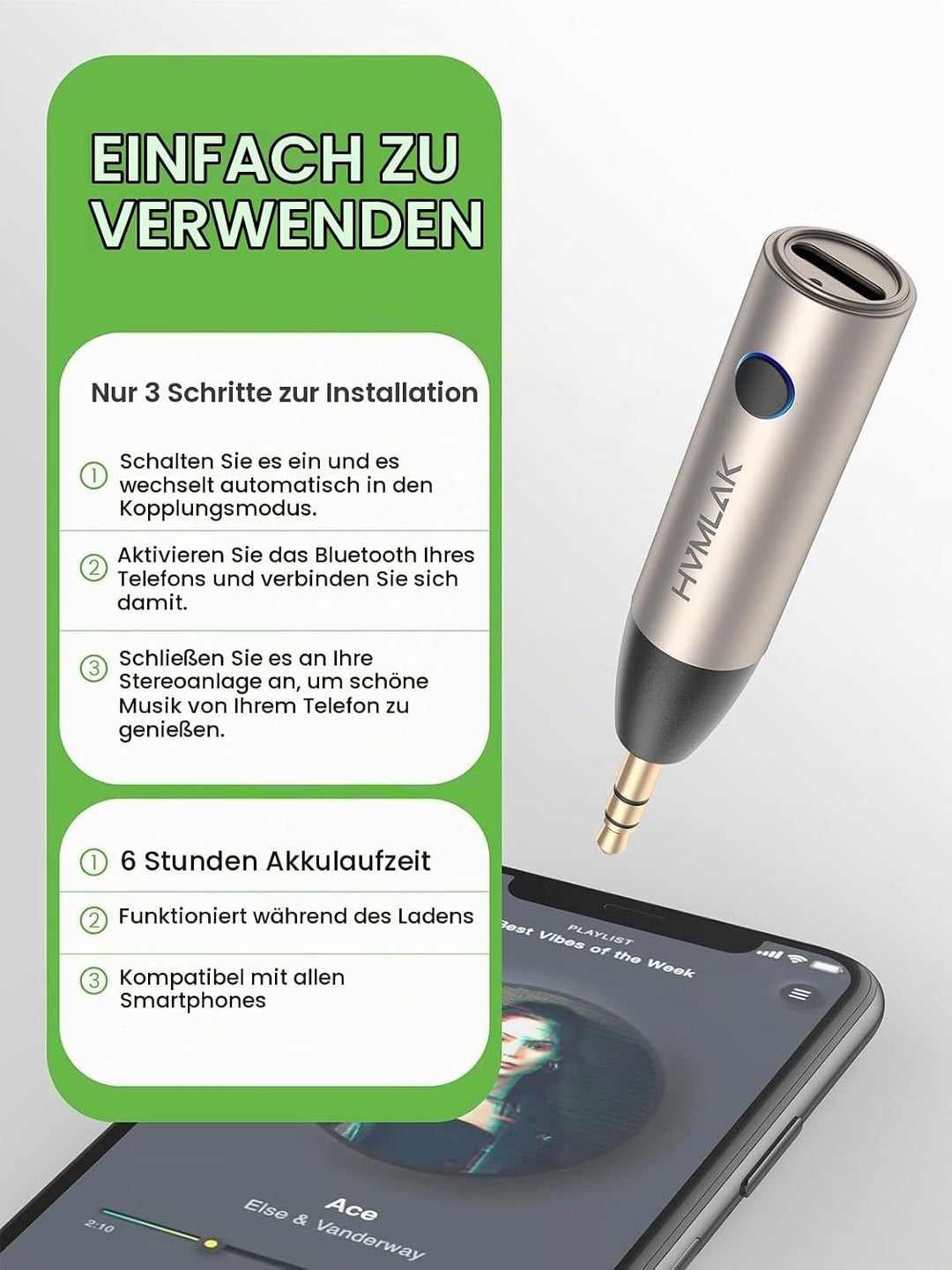 HVMLAK Aux Bluetooth Adapter Auto, Bluetooth 5.3 Empfänger [Stabile Verbindung] für Autoradio Heim-S