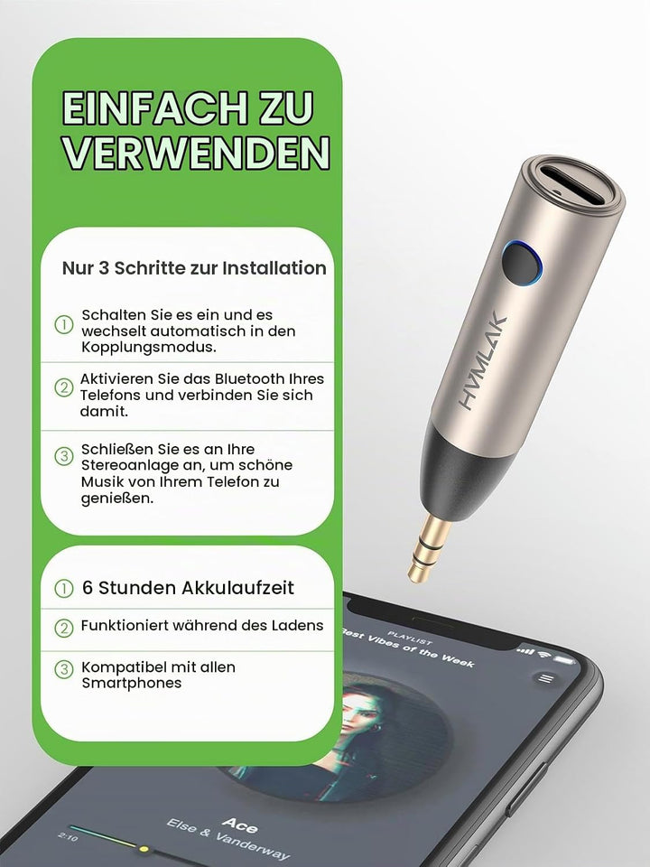 HVMLAK Aux Bluetooth Adapter Auto, Bluetooth 5.3 Empfänger [Stabile Verbindung] für Autoradio Heim-S