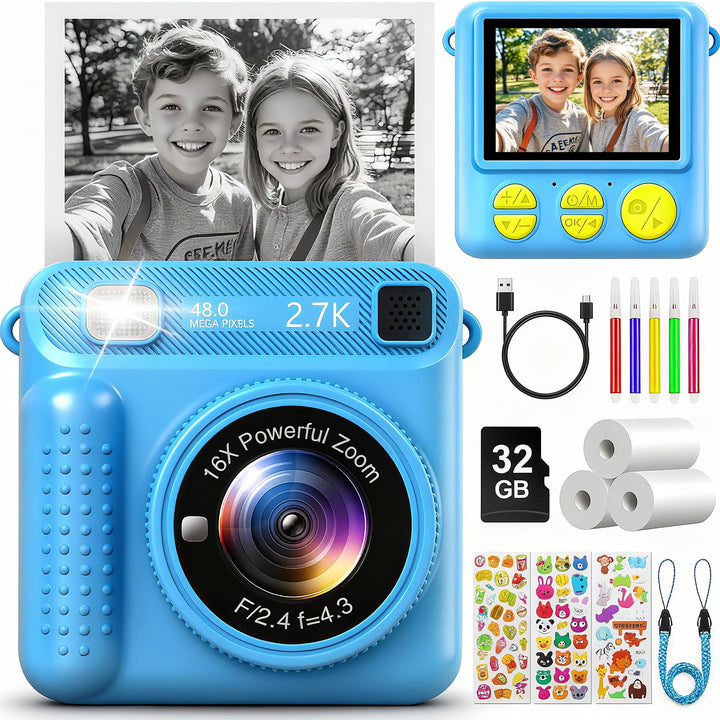 Sofortbildkamera Kinder, 1080P 2,4 Zoll Bildschirm KinderKamera mit 32G Karte & Druckpapier, Kinders