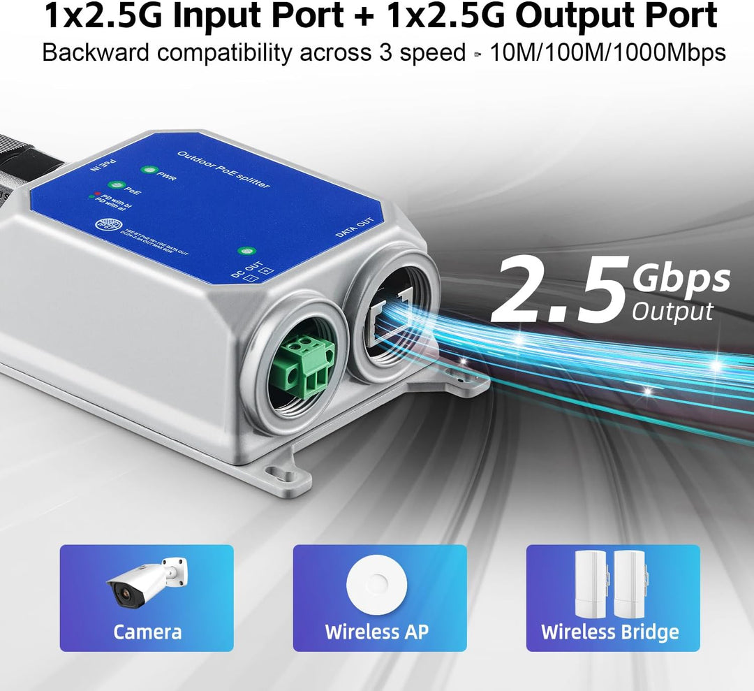 MokerLink IP67 Outdoor 2.5 Gigabit PoE Splitter, 10/100/1000/2500Mbps, IEEE 802.3 af/at/bt PoE in, D