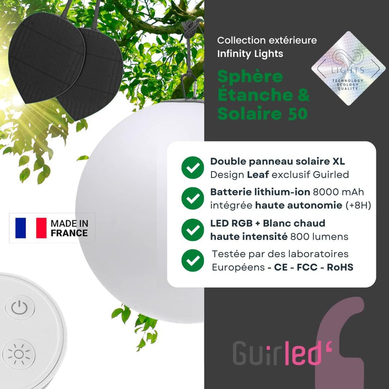 GuirLED - Solarkugel LED IP55 RGB Premium XL – wiederaufladbar Sonne/Netzbetrieb – Fernbedienung – G