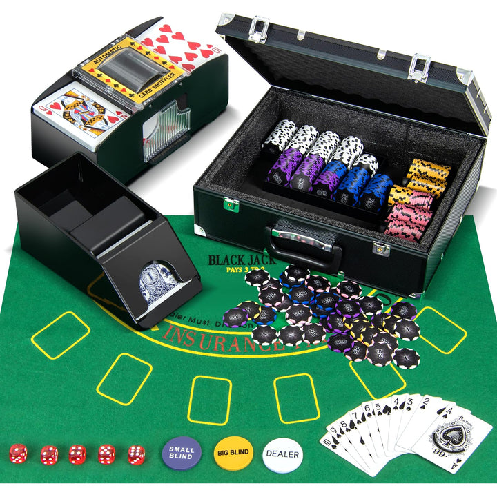 COSTWAY Pokerset 300 Chips, Pokerkoffer mit 2 Kartendeck, 5 Würfel, Dealer Button, Matte, Kartenmisc