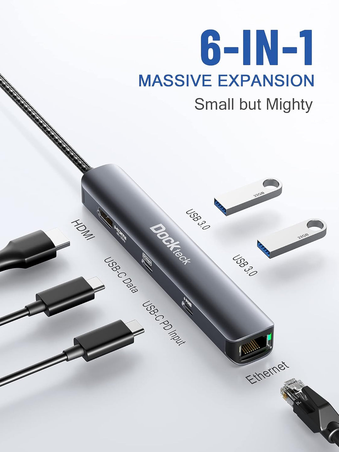 USB C Hub HDMI 4K 60Hz, 6 in 1 Dockteck, Dock Ethernet, MacBook Pro Adapter iPad mit LAN RJ45, 2 USB