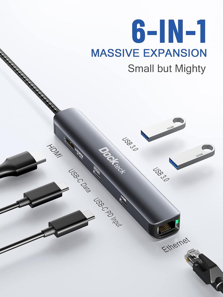 USB C Hub HDMI 4K 60Hz, 6 in 1 Dockteck, Dock Ethernet, MacBook Pro Adapter iPad mit LAN RJ45, 2 USB