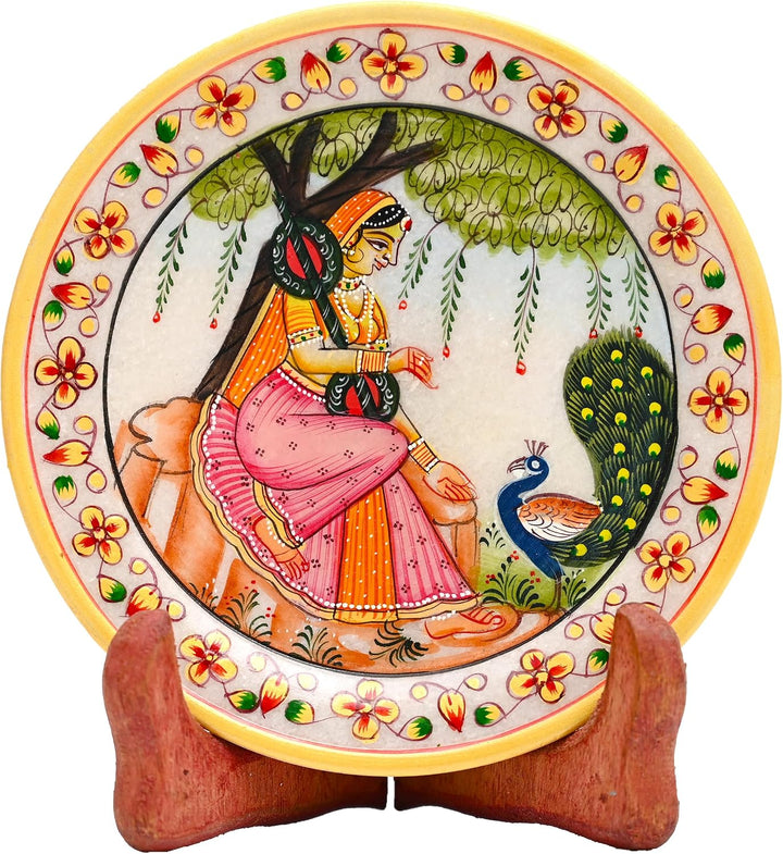 Marble Decorative Plate Traditional Indian Handpainted with Stand for Decoration Home Office Wedding