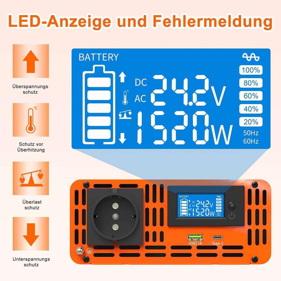 DATOUBOSS Wechselrichter 24v auf 230v Reiner Sinus 1500w/3000w, Fernbedienung Spannungswandler Reine