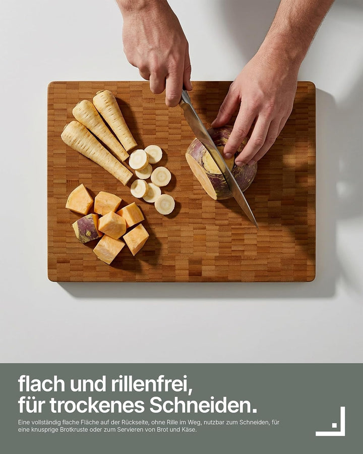 LARHN Stirnholz Hackblock Bambus massiv - 40x30x4 cm - Schneidebrett Holz | Griff, Saftrille, messer
