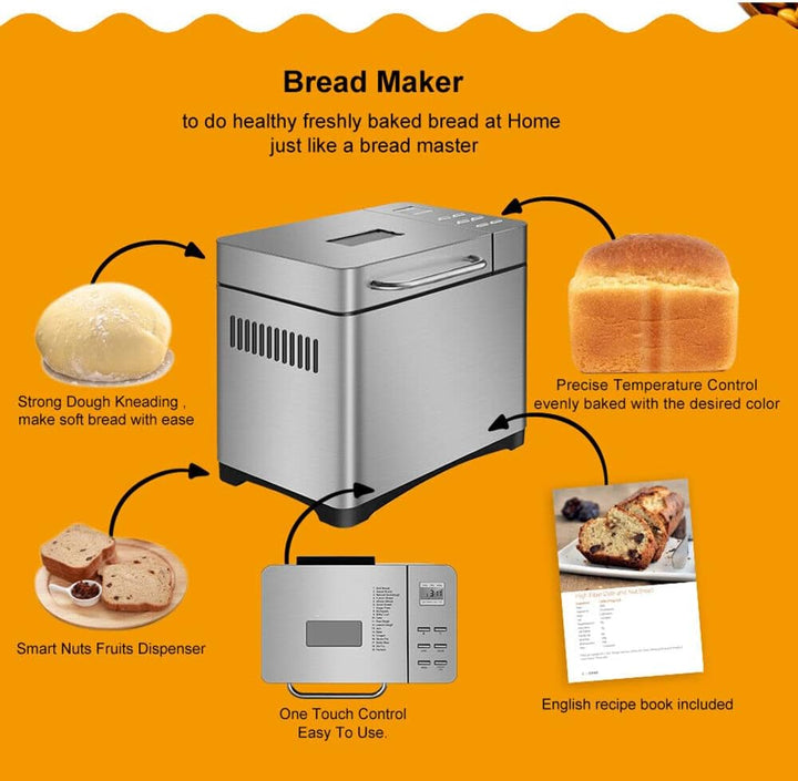 Brotbackautomaten 19 IN 1, Edelstahl Brotbackautomaten mit Digital Touch Panel, 650W Brotbackmaschin