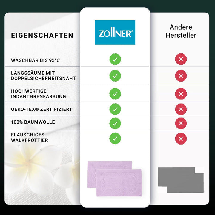 ZOLLNER 2er Set Badematten - weiche und saugstarke Duschvorleger - waschbar bis 95°C - Baumwolle - 5