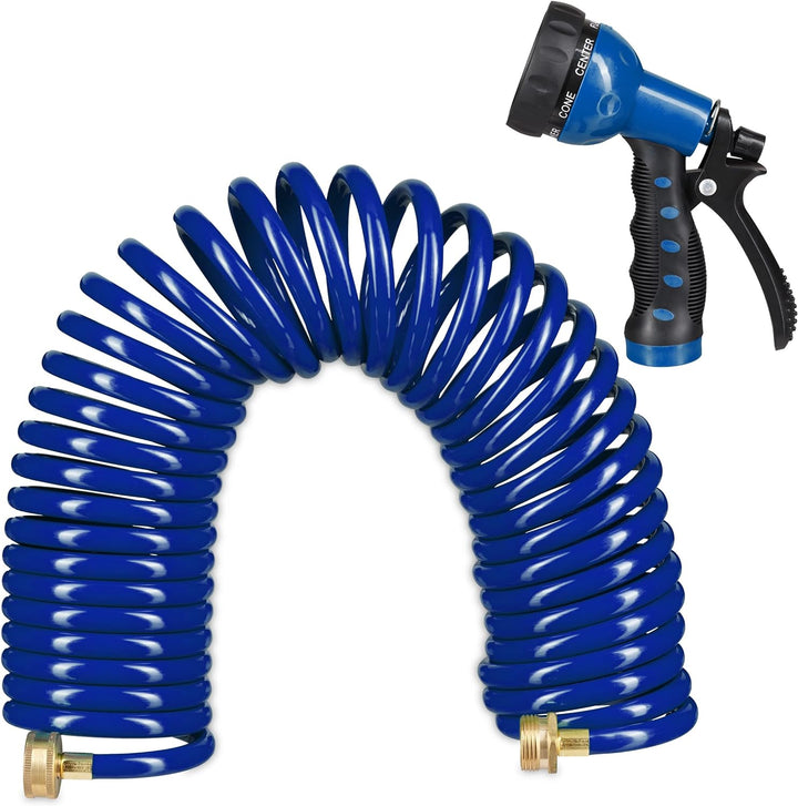 Relaxdays Spiralschlauch Wasser, bis 10 m ausziehbar, flexibler Gartenschlauch mit Wasserbrause, 7 S
