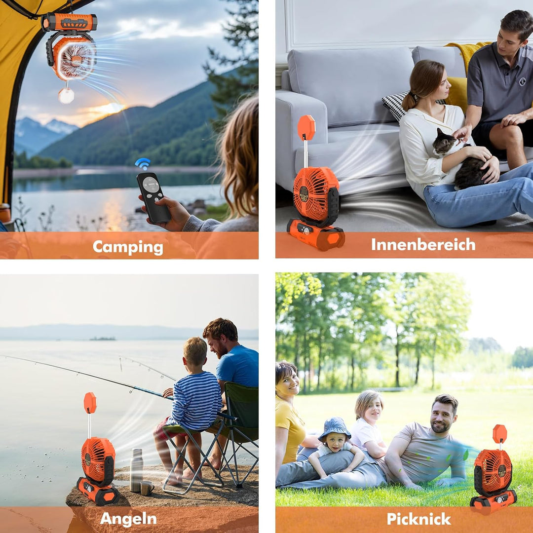 Outdoor Camping Ventilator mit Licht, 20000mAh Akku, wiederaufladbarer tragbarer Ventilator mit Fern