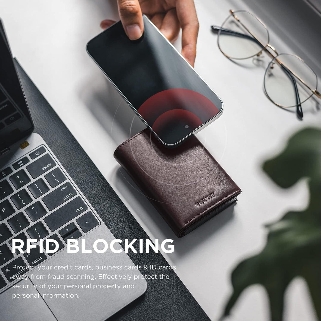 VULKIT Kreditkartenetui RFID-blockierende Pop-Up-Kartentasche aus Echtem Leder mit Geldscheinfach, A