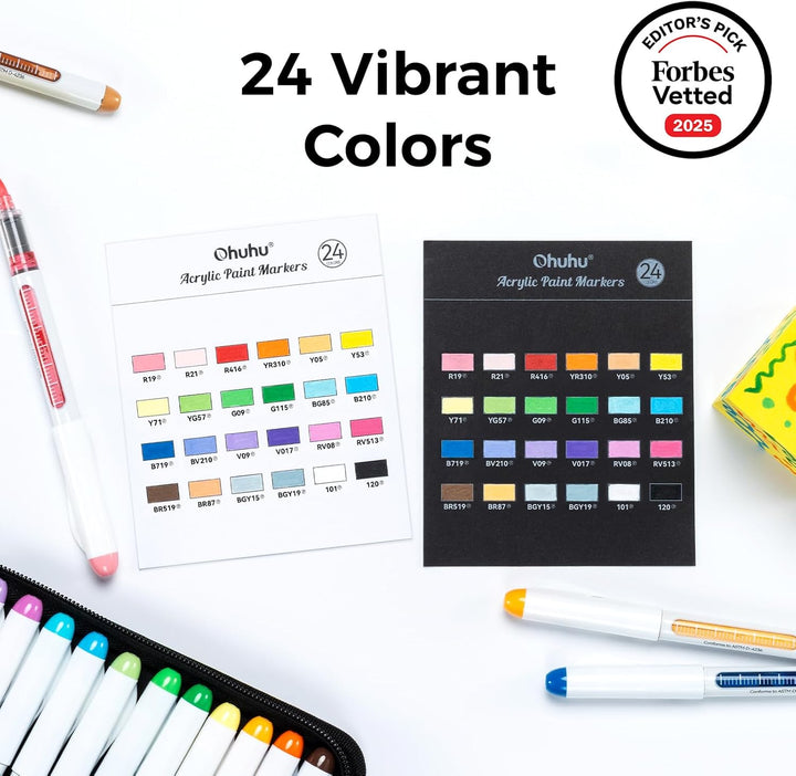 Ohuhu Acrylstifte 24 Farben 1.5MM Pinselspitzen Acrylic Marker hohe Deckkraft Wasserfest lichtecht A