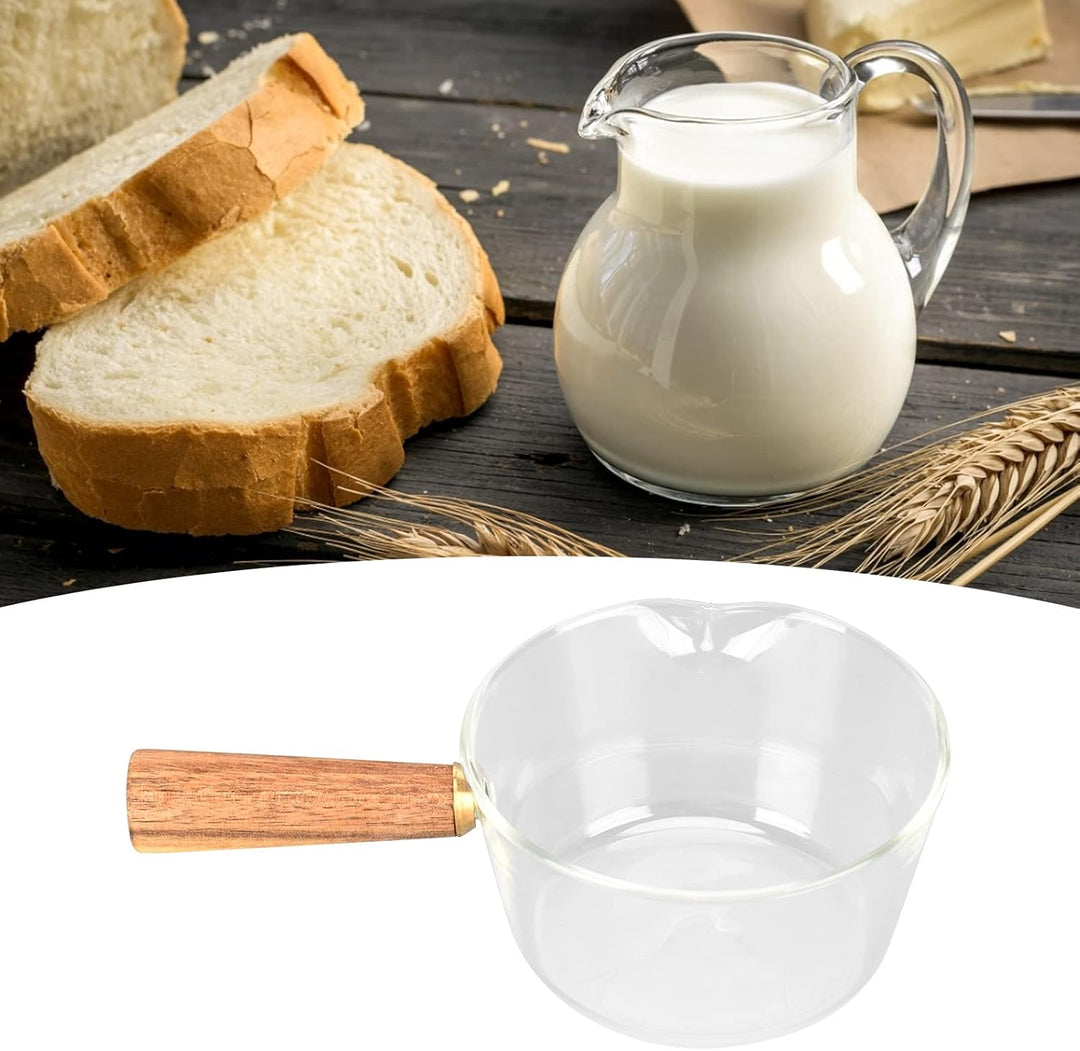 Stielkasserolle, Glas Milchtopf mit Holzgriff Kochtopf klein Stieltopf Nudeltopf mit V-förmige Tülle