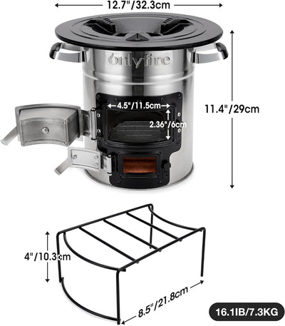 Onlyfire Raketenofen Outdoor, Camping Holzofen aus Edelstahl, Campingkocher Holz für Dutch Oven, Gri