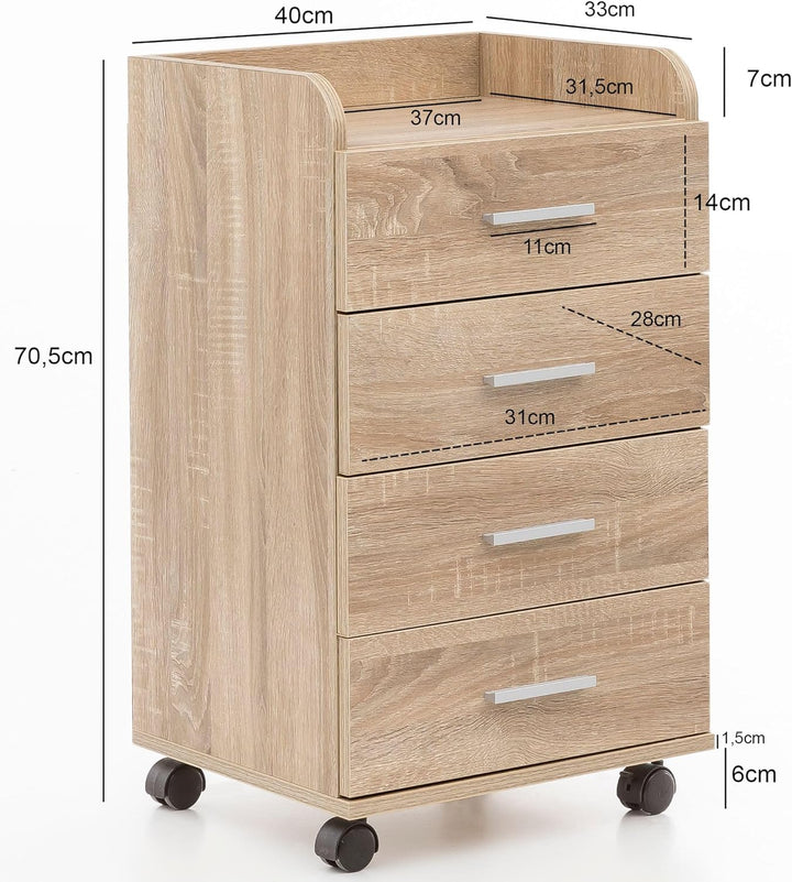 KADIMA DESIGN Rollcontainer WL5.749 40x70,5x33cm Sonoma | Schreibtisch-Container Rollschrank 4 Schub
