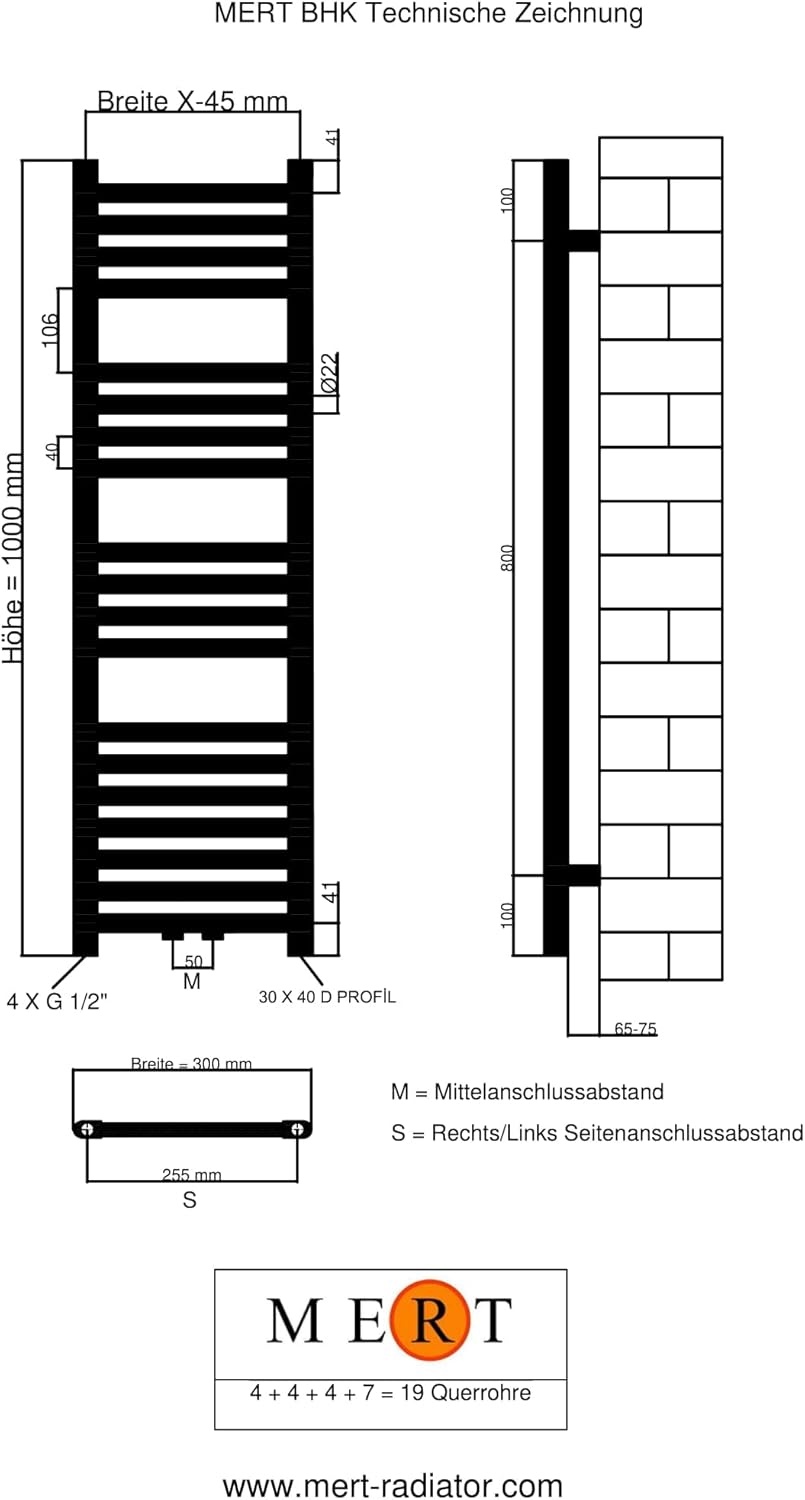 Badheizkörper Handtuchheizkörper mit Mittelanschluss weiss gerade 300x1000mm Stahl 30x100, Stahl 30x