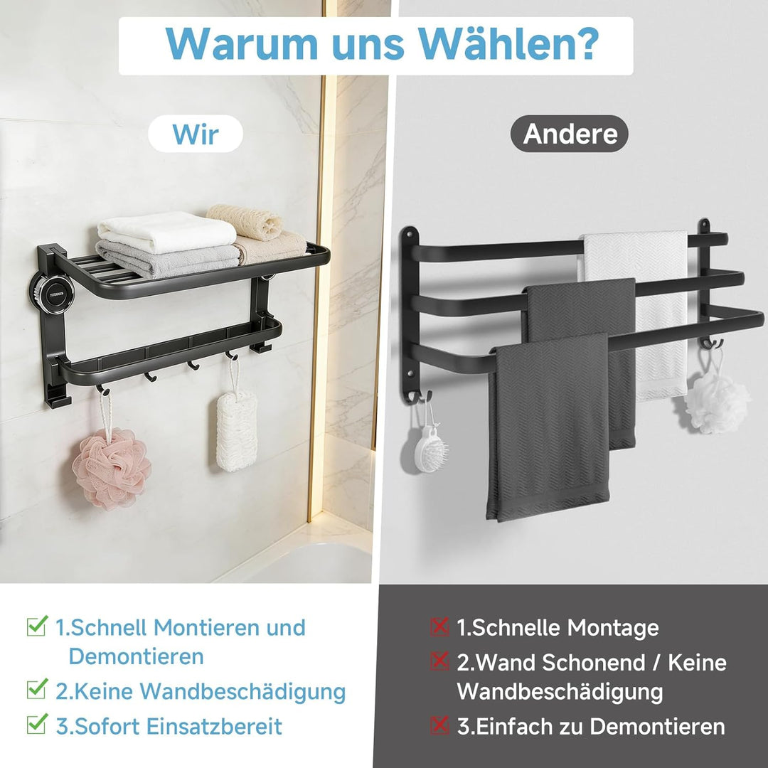 Handtuchhalter ohne Bohren, Handtuchhalter Mit Saugnapf, 90° Klappbarer Handtuchstange, Wandmontage