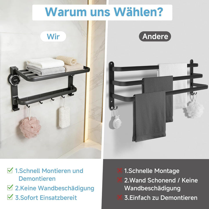 Handtuchhalter ohne Bohren, Handtuchhalter Mit Saugnapf, 90° Klappbarer Handtuchstange, Wandmontage