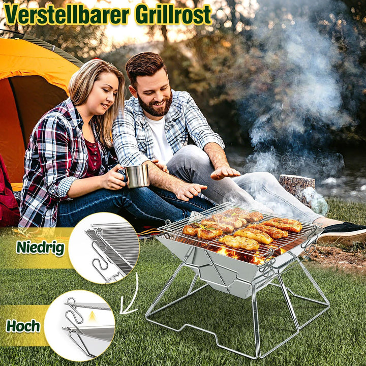 Faltbarer Grill aus 304 Edelstahl, Klappgrill mit Höhenverstellbarem Grillrost, Camping Grill kompak