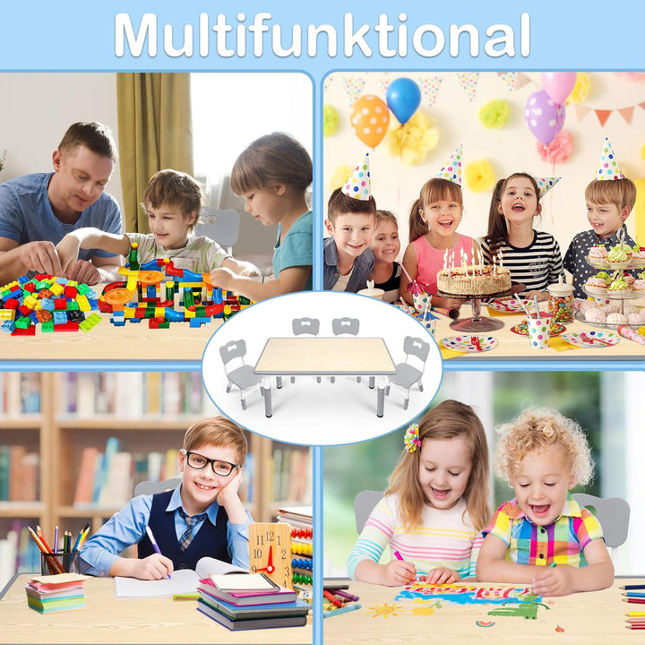 XMTECH Kindertisch 120x60 cm mit 4 Stühlen, höhenverstellbar, Grau 120x60 Grau, 120x60 Grau