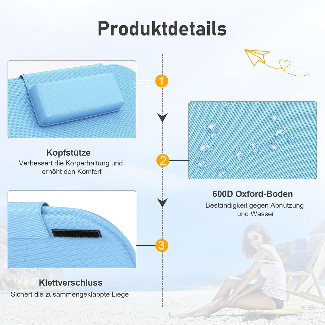 WildFun 2er Set Strandmatte Klappbar mit Rückenlehne 165cm, 5-Stufige Höhe Strandliege Klappbar Leic
