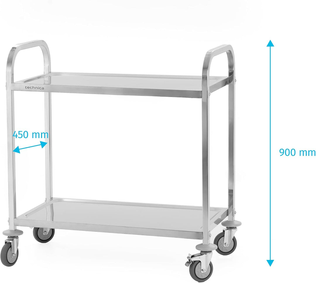 TECHNICA Servierwagen Edelstahl 2 Etagen mit Rollen & Bremse Quadratischer Griff 850x450x900mm Rollw