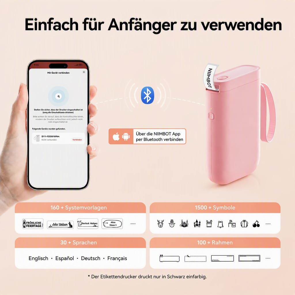 NIIMBOT D11 Etikettendrucker Tragbarer Aufkleberdrucker, Wireless-Technologie und 1 Rolle Starter-Et