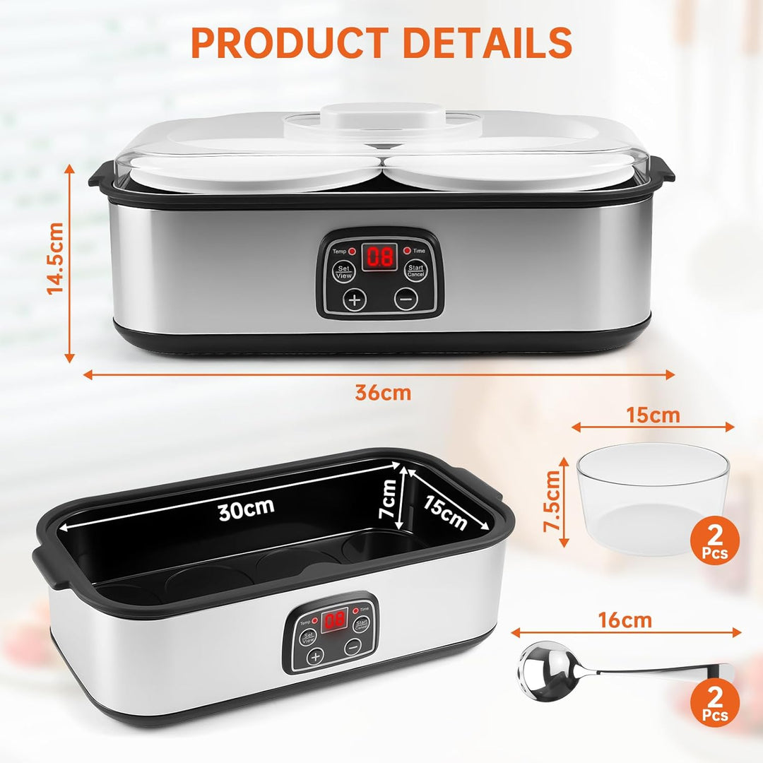 2L Joghurtbereiter Elektrischer Joghurt, Marmelade Eis & Pudding Maker mit 2 Glasbechern LED Timer P