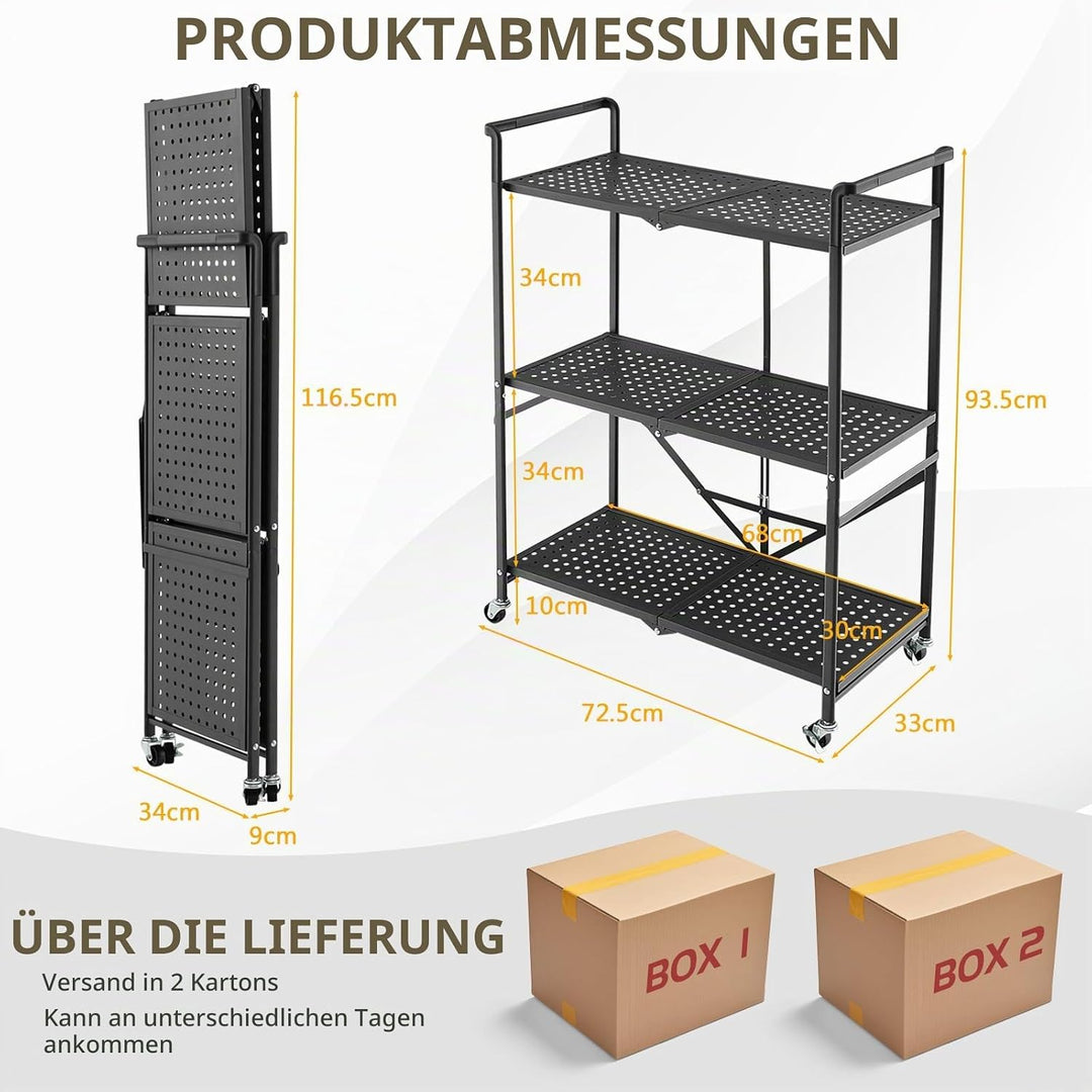 HOMASIS Servierwagen klappbar, Küchenwagen mit 3 Ebenen, Rollwagen mit 4 Rollen inkl. 2 Bremsen, Auf