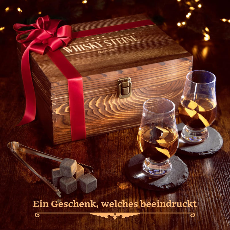 GOURMEO Whisky Stein Geschenkset - Set aus 2 Tulpen Whiskey Gläsern mit 8 Wiederverwendbaren Basalt