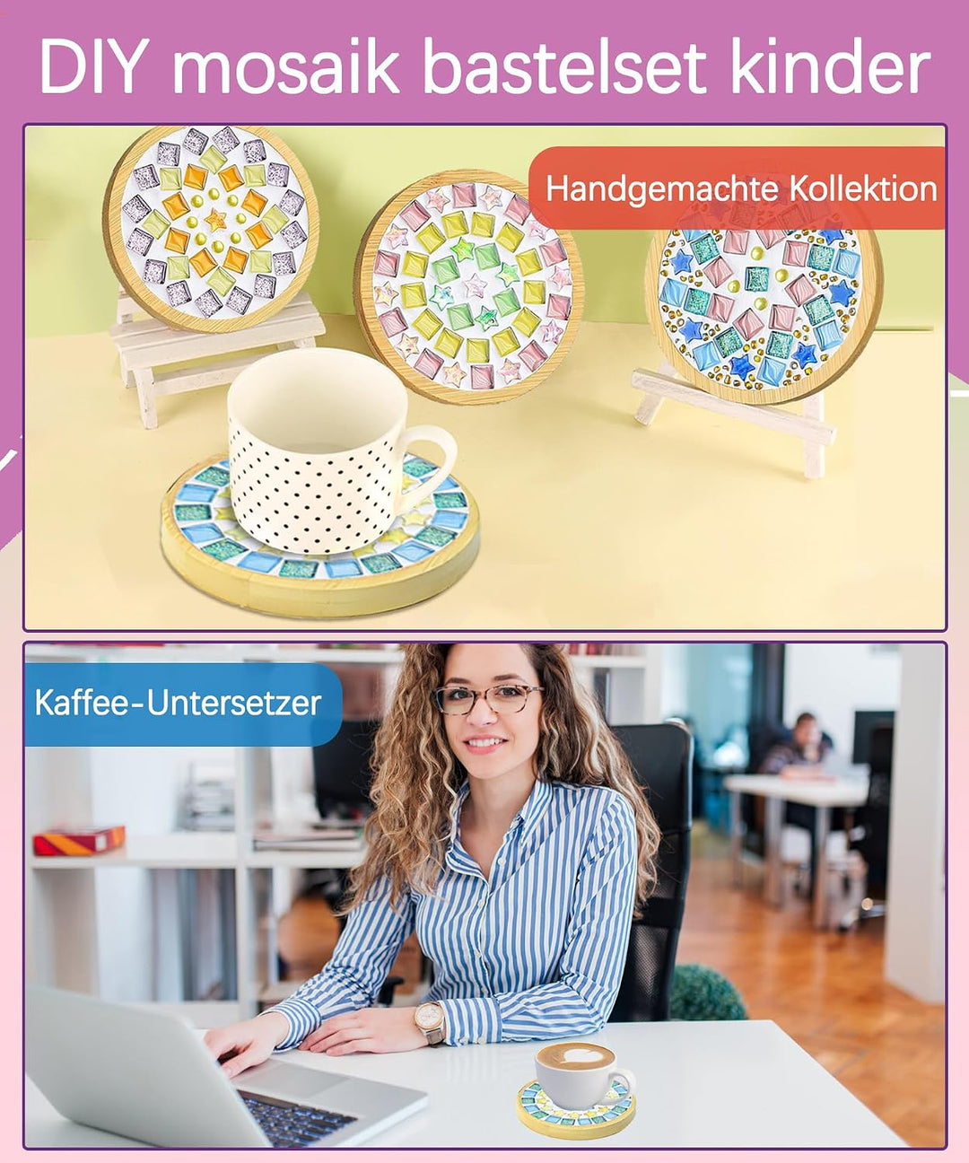 Finsink Mosaik bastelset kinder 8pcs mosaik untersetzer bastelset diy holz untersetzer Set Mosaikste