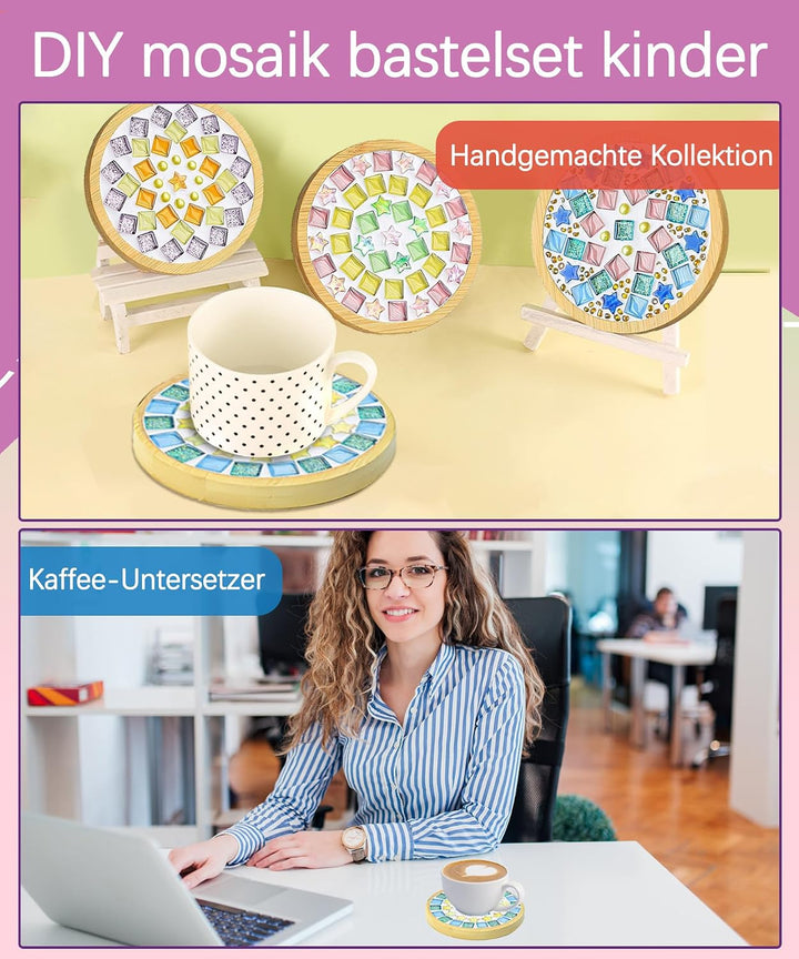 Finsink Mosaik bastelset kinder 8pcs mosaik untersetzer bastelset diy holz untersetzer Set Mosaikste