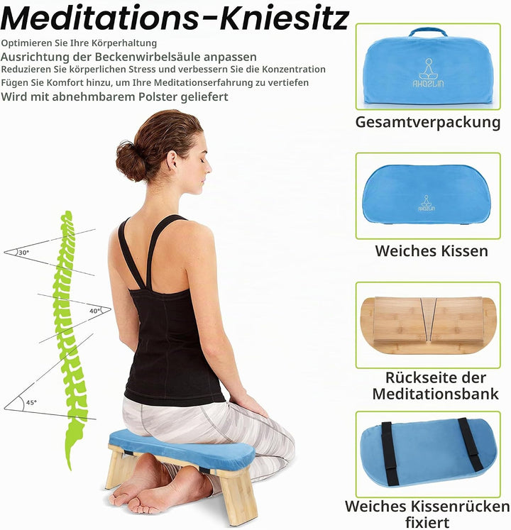 Meditationsbank Klappbar, Ergonomischer Bambus Yoga Hocker, Meditationshocker mit Kissen, Tragbarer
